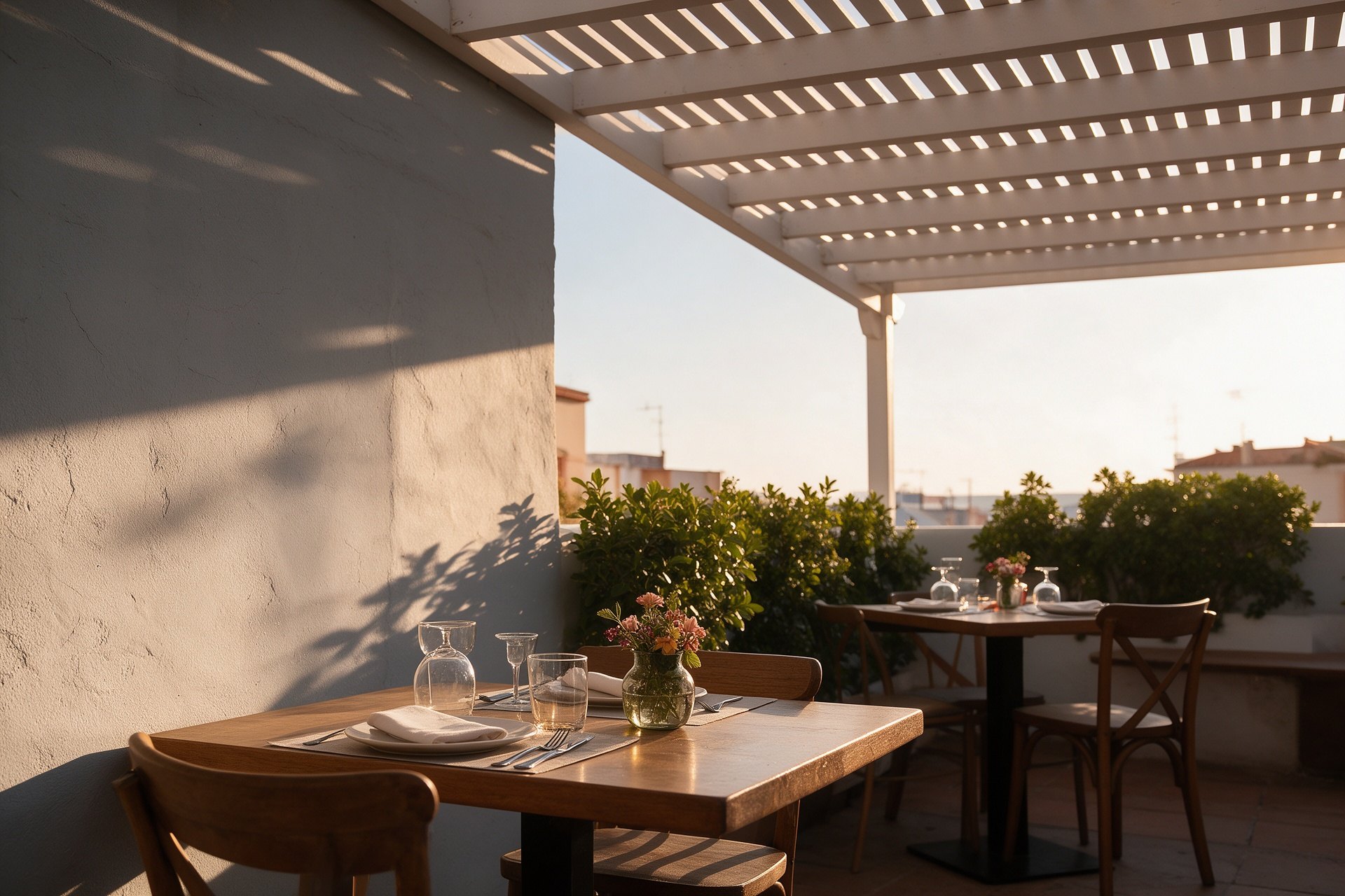 Terraza del restaurante con pérgola, mesas de madera y arbustos a la hora dorada