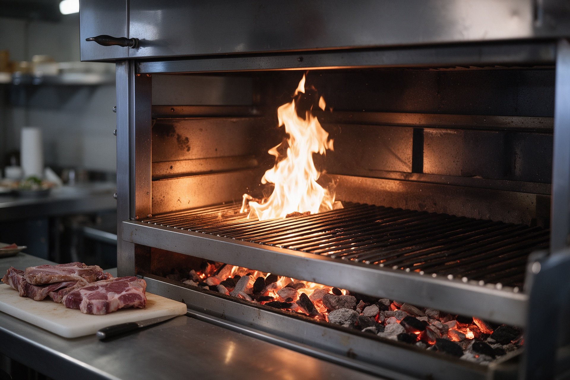 Parrilla de carbón con llamas y brasas vivas y piezas de carne al lado