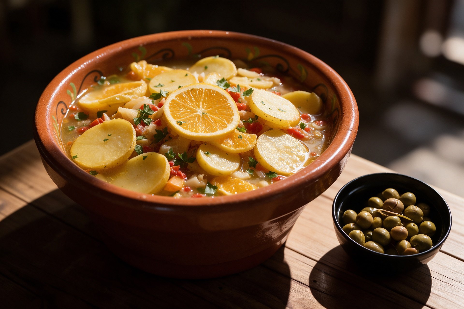 Sopas Perotas en cuenco de barra con patatas, naranja y verduras, con aceitunas