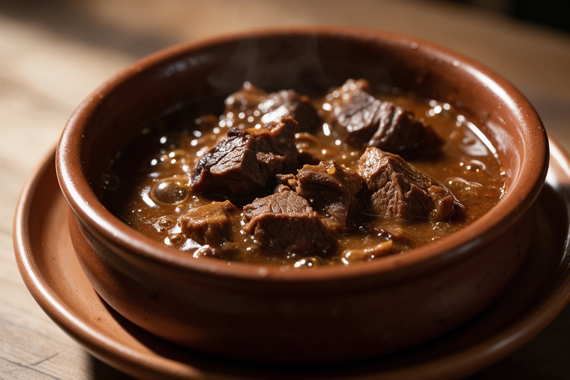 Guiso de carne en cazuela de barro con salsa espesa y brillante
